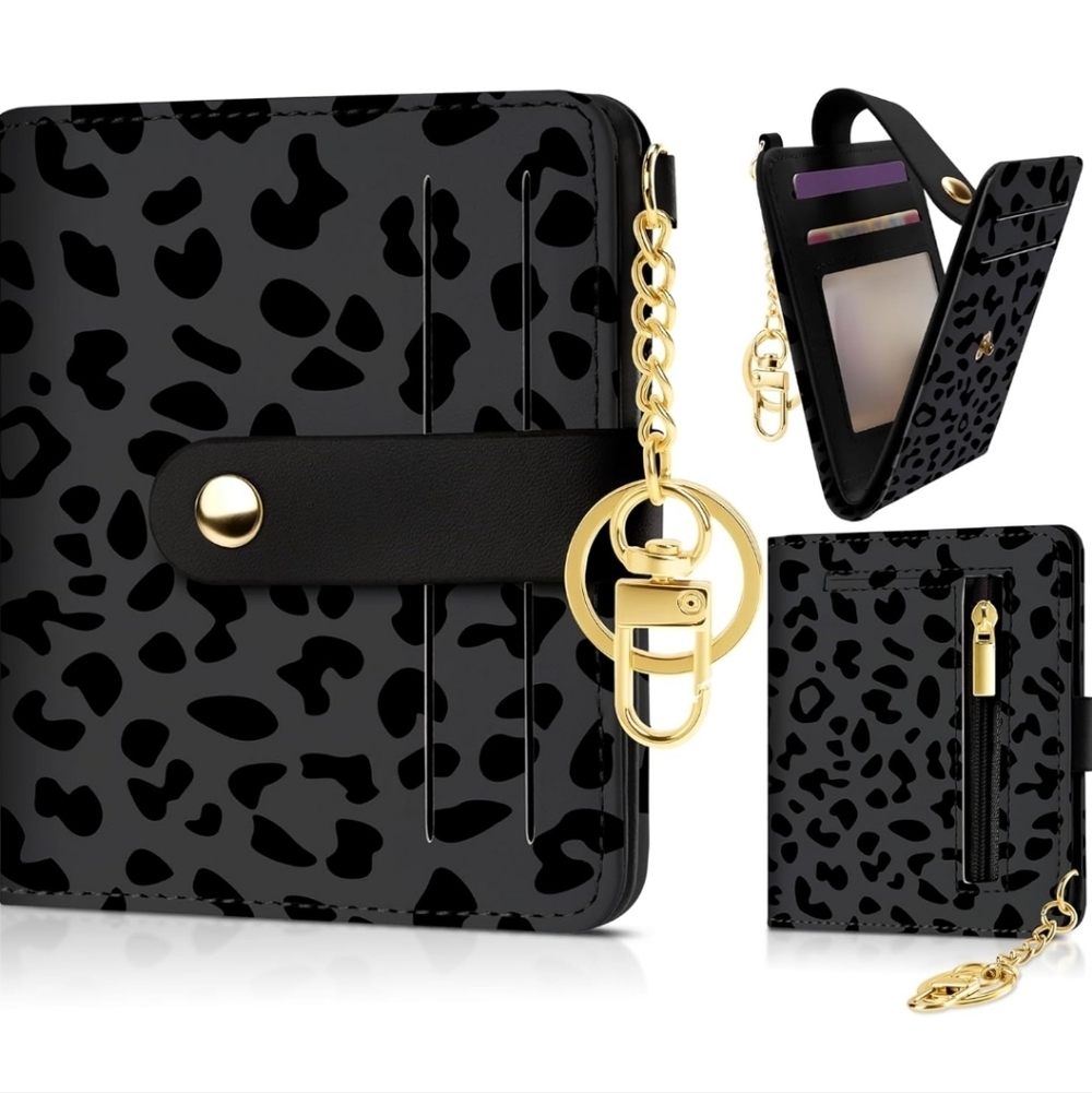 Leopard Print Black Wallet with Gold Accents